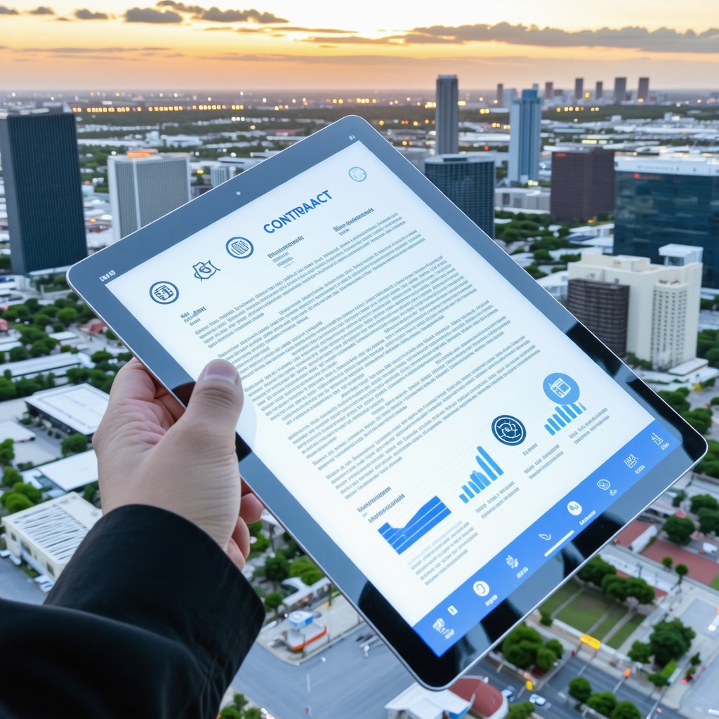 Digital contractor contract featuring blockchain, risk analytics, and escrow symbols with Tampa cityscape