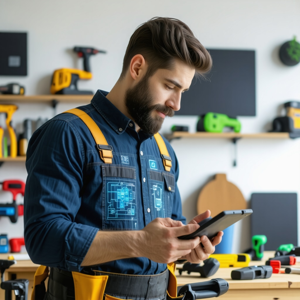 Handyman using tablet for AI diagnostics and renewable energy integration in Tampa home