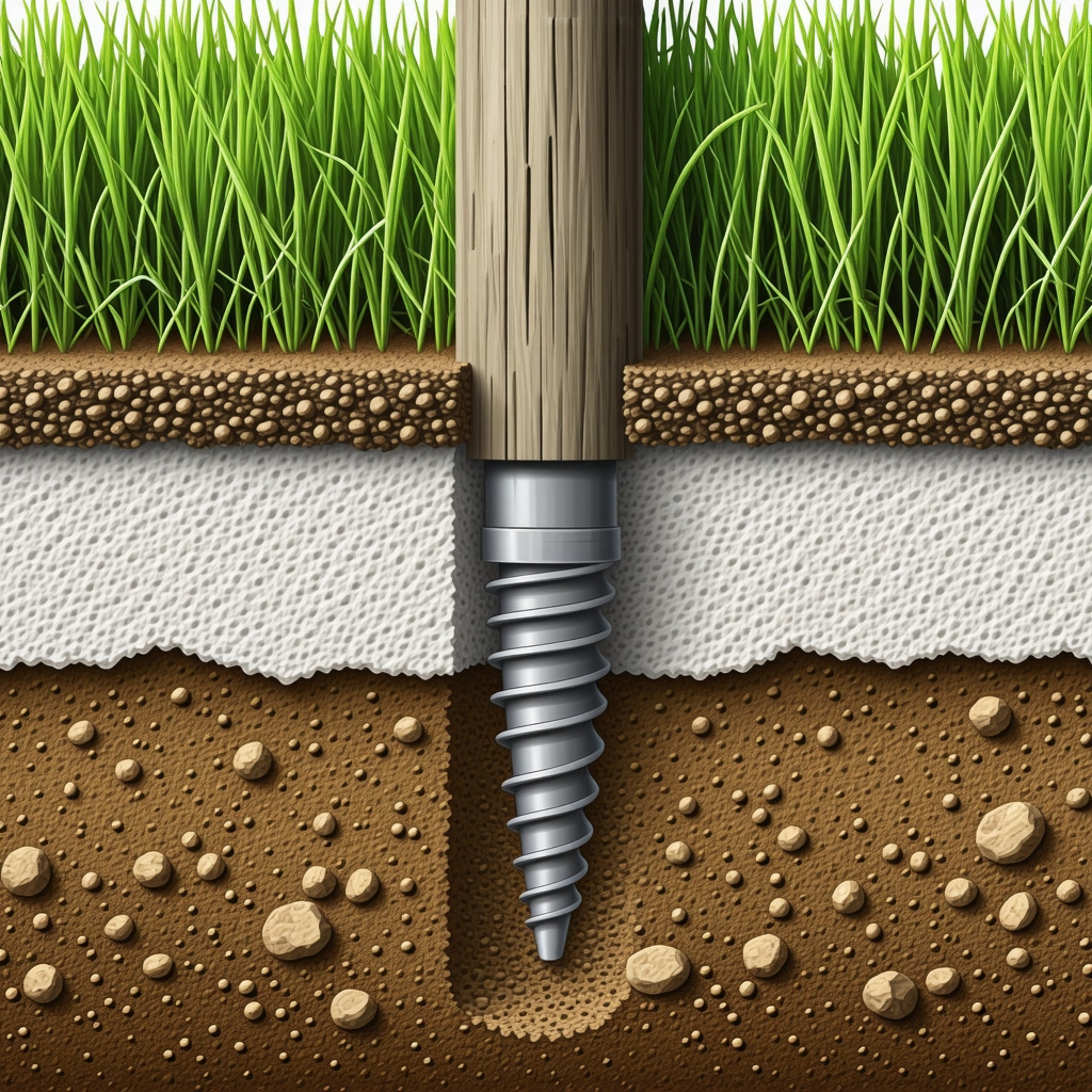 Cross-sectional diagram of helical pile foundation and geotextile fabric beneath a fence post in sandy coastal soil