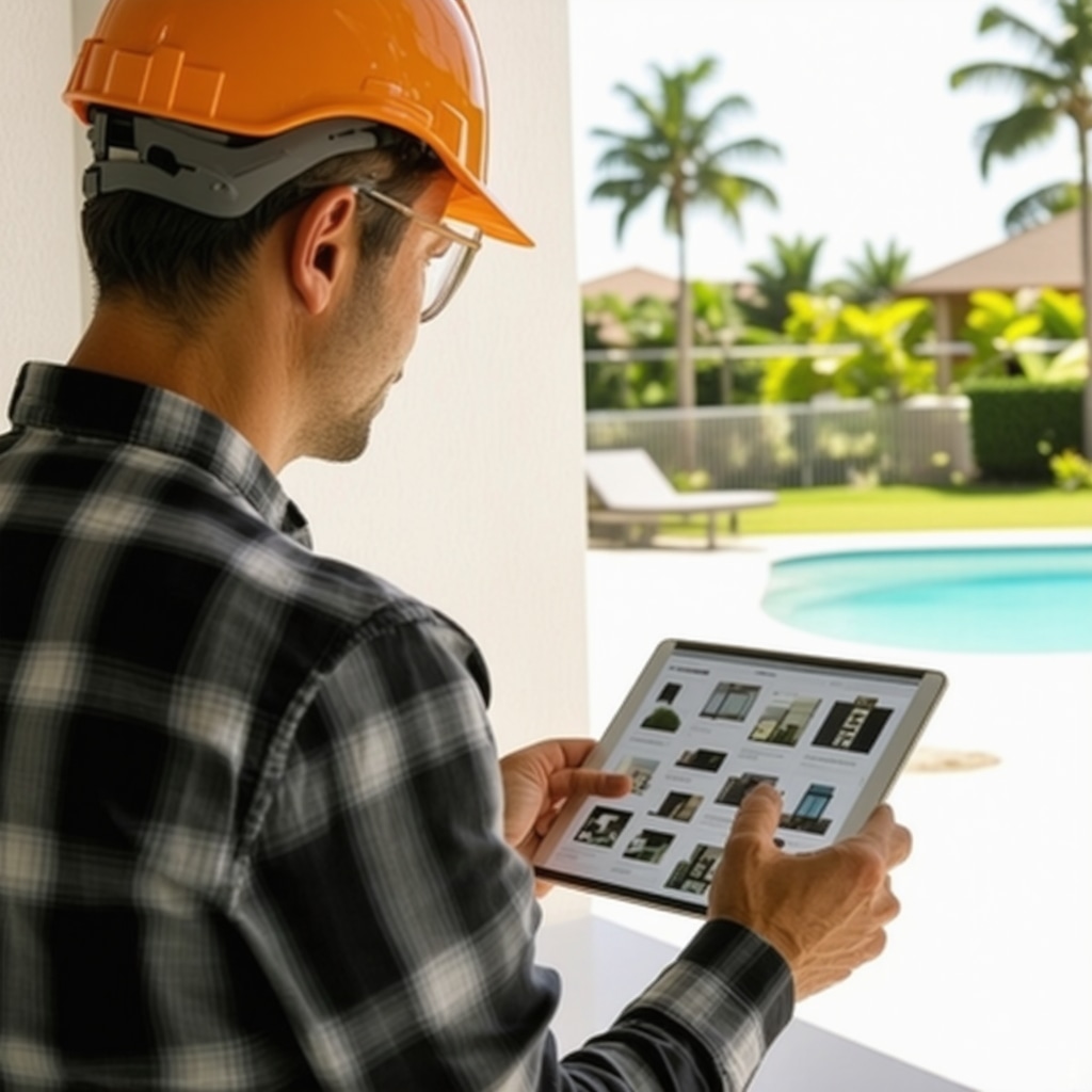 Contractor using tablet with 3D renderings and sustainable materials in Tampa Bay home renovation