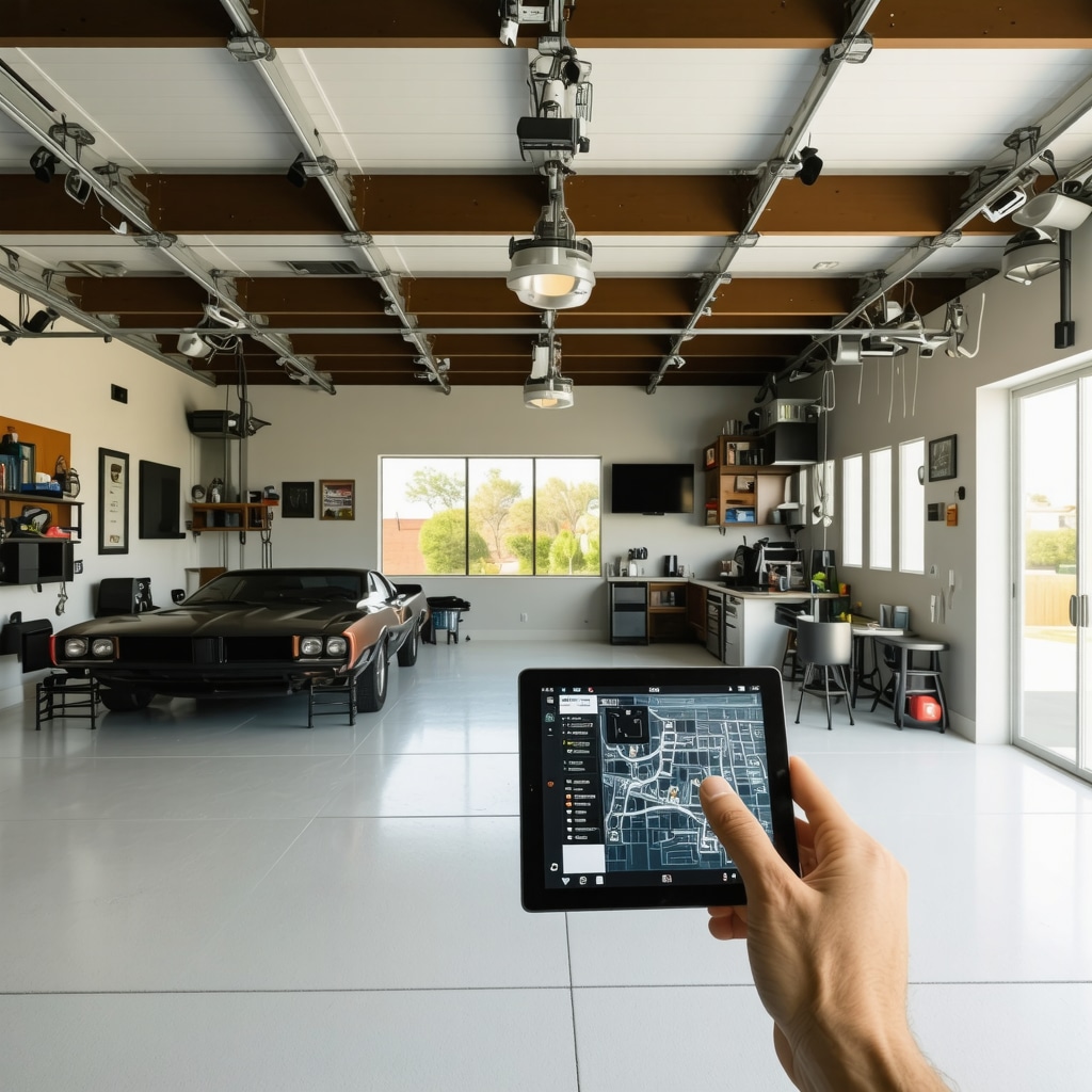 A modern Tampa garage remodel scene showcasing smart home technology integration and 3D modeling tools