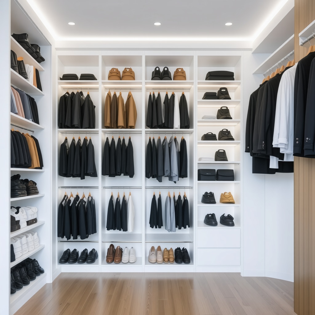 Modern closet with motorized racks, smart climate control, and augmented reality design features in Tampa home