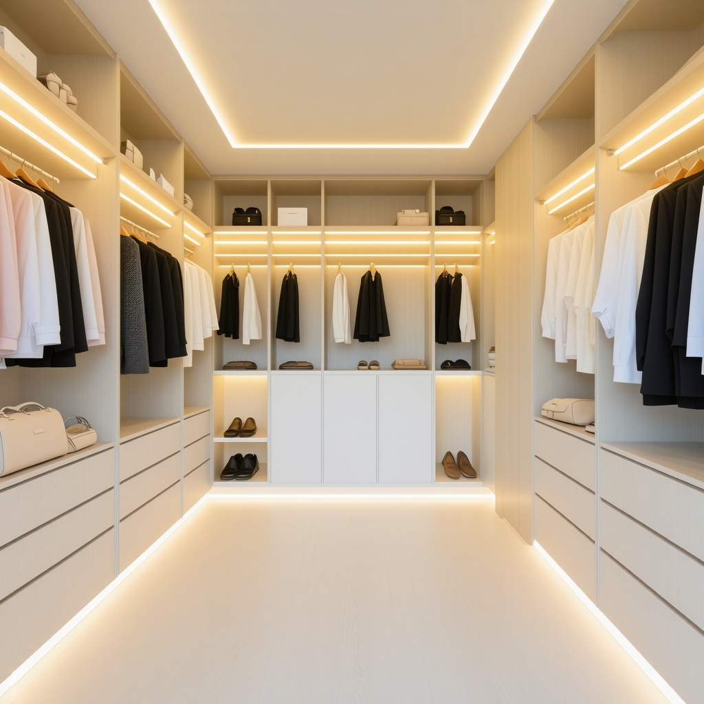 Modern Tampa closet with smart lighting, vertical storage, and moisture-resistant materials