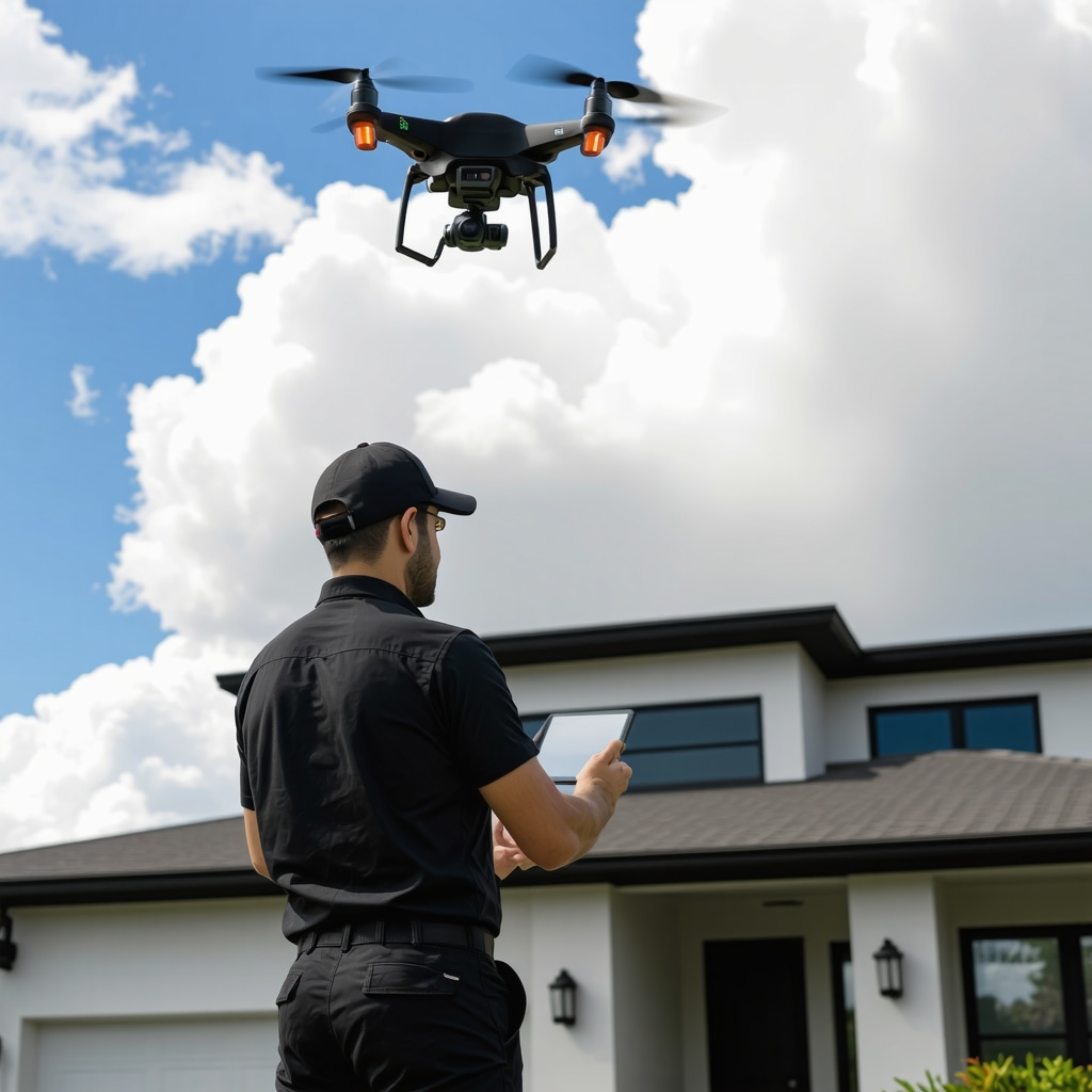 Technician assessing Tampa home storm damage with drone and AI technology