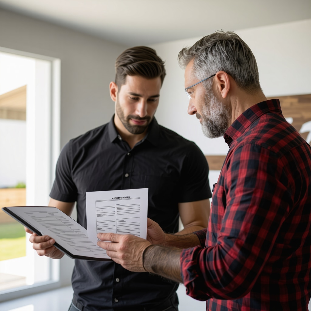 Homeowner and contractor examining insurance policy documents during Tampa remodel