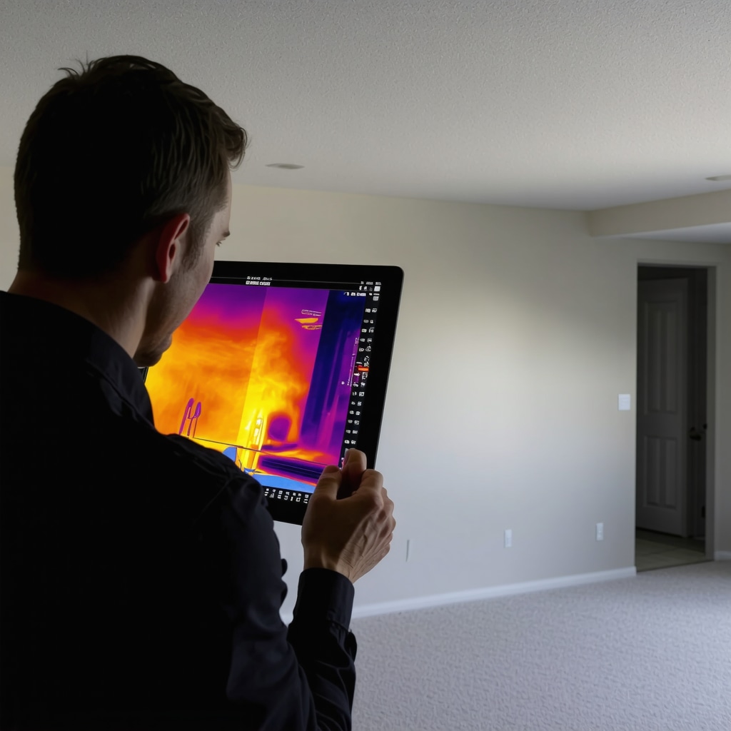 Infrared thermography image showing moisture behind drywall in Tampa home with technician review