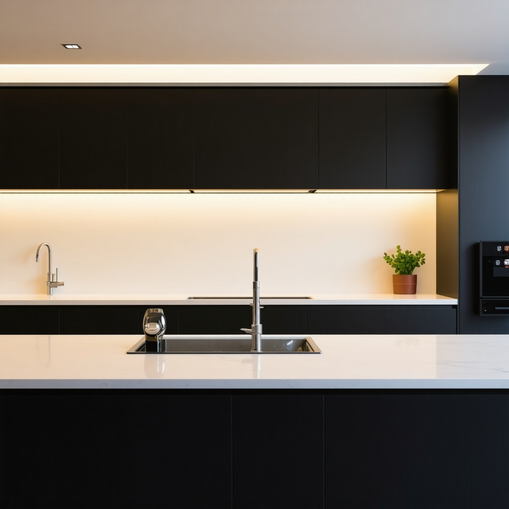 Modern kitchen with layered LED lighting and pull-out pantry storage in New Tampa home