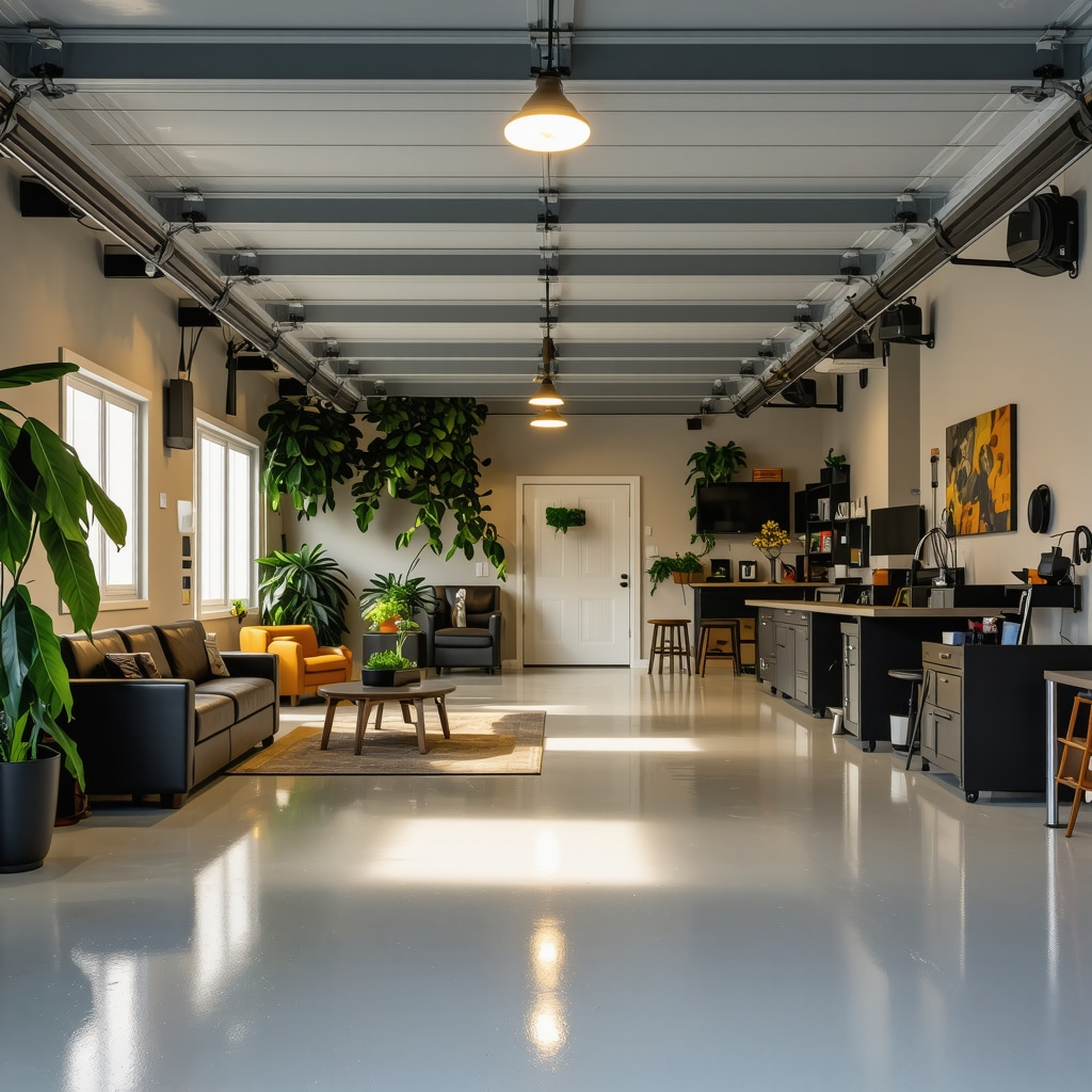 Remodeled garage in Florida with epoxy floors, ventilation, flexible furniture, and smart tech