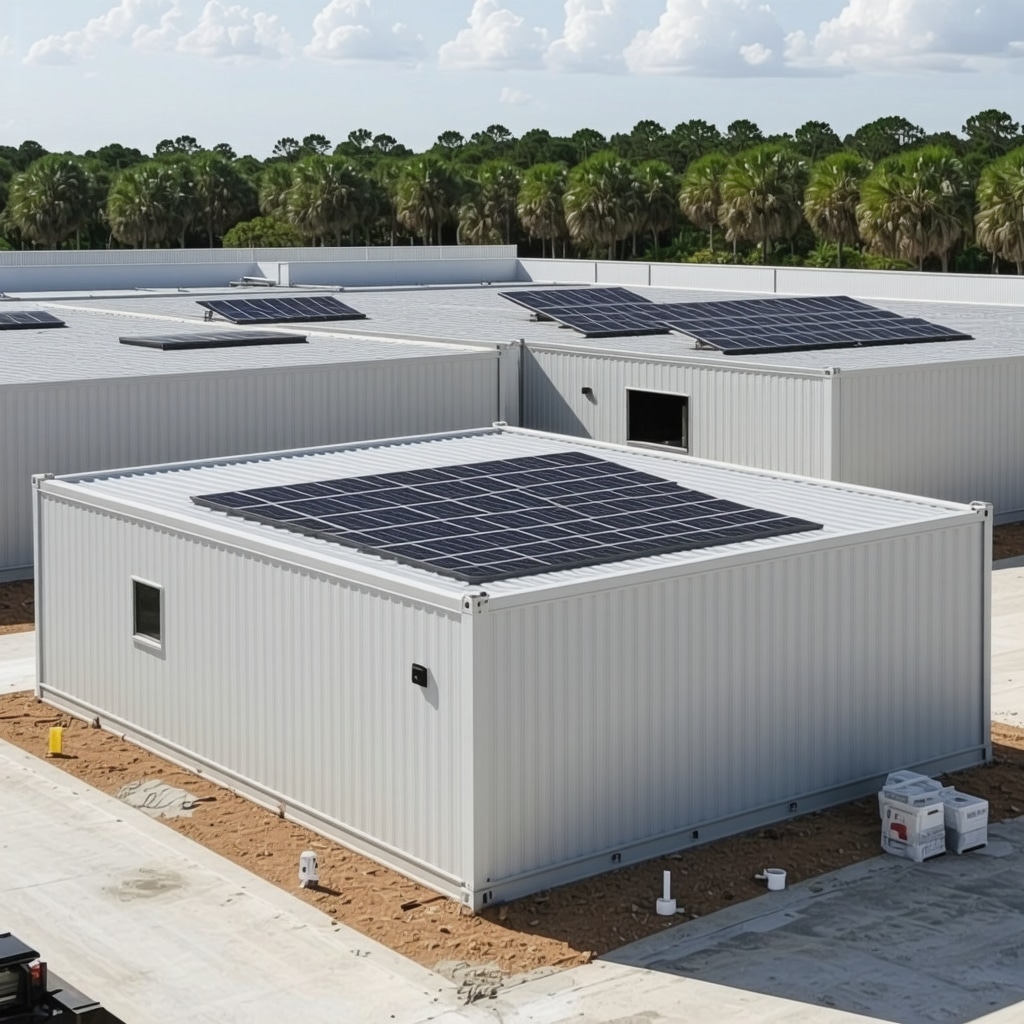 Advanced Tampa construction site with modular components, solar panels, and digital project management