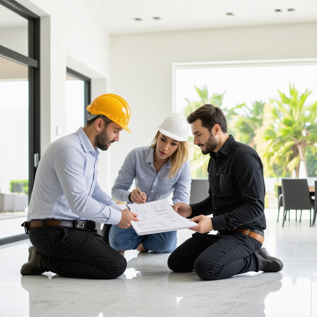 Tampa home expansion featuring hurricane-resistant materials and smart home integration with contractor and homeowners reviewing plans