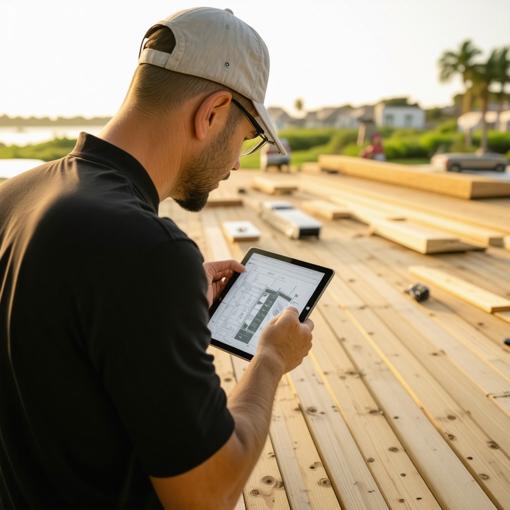 Contractor using 3D modeling software for deck building in Tampa backyard