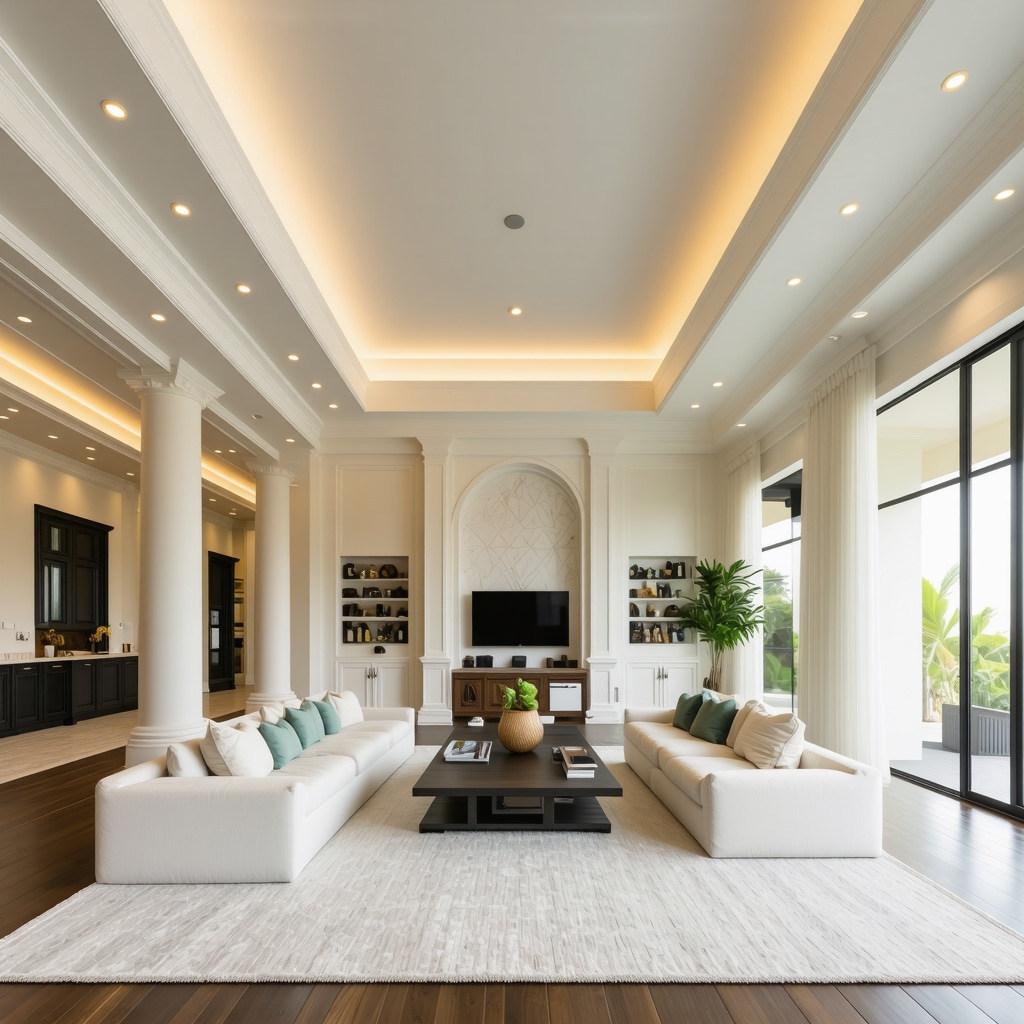 Tampa living room featuring multi-layered crown molding with embedded LED lighting and natural light accentuating craftsmanship