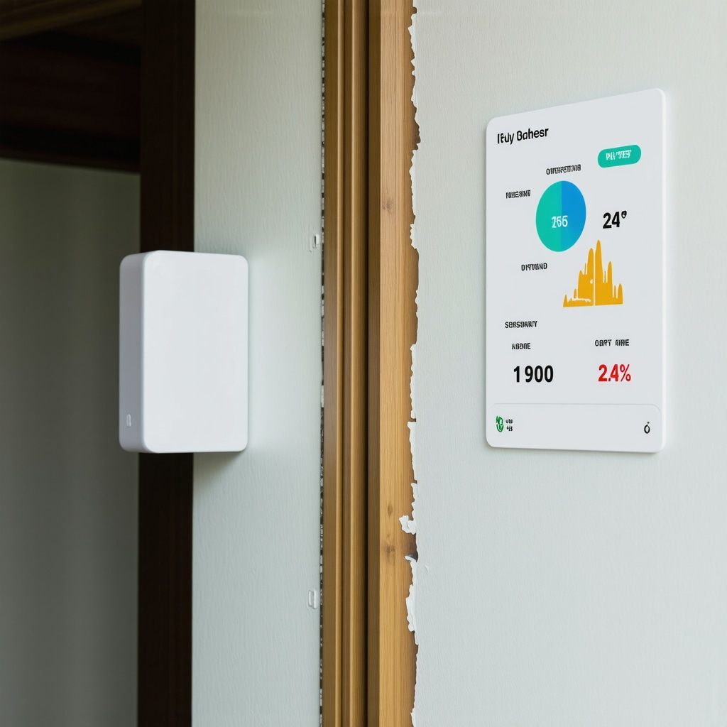 Drywall installation with embedded IoT sensors displaying humidity and temperature data overlay