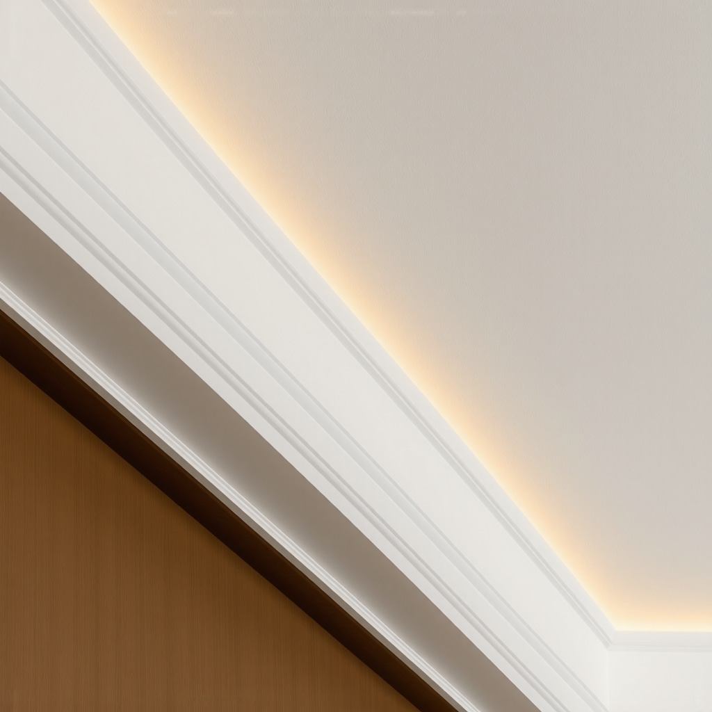 Detailed laser-cut crown molding installed with precision and moisture-resistant finish in a modern Tampa interior