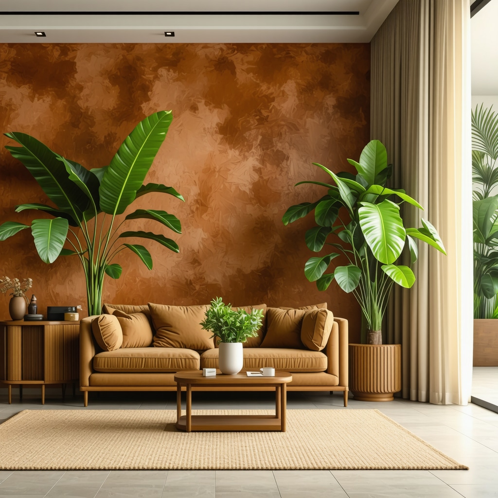 Living room with terracotta accent wall featuring metallic glaze, natural wood furniture, and indoor greenery