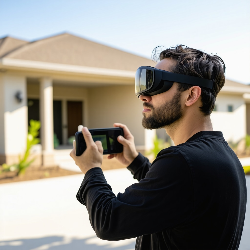 Licensed contractor wearing augmented reality glasses reviewing 3D home model onsite in Trinity FL