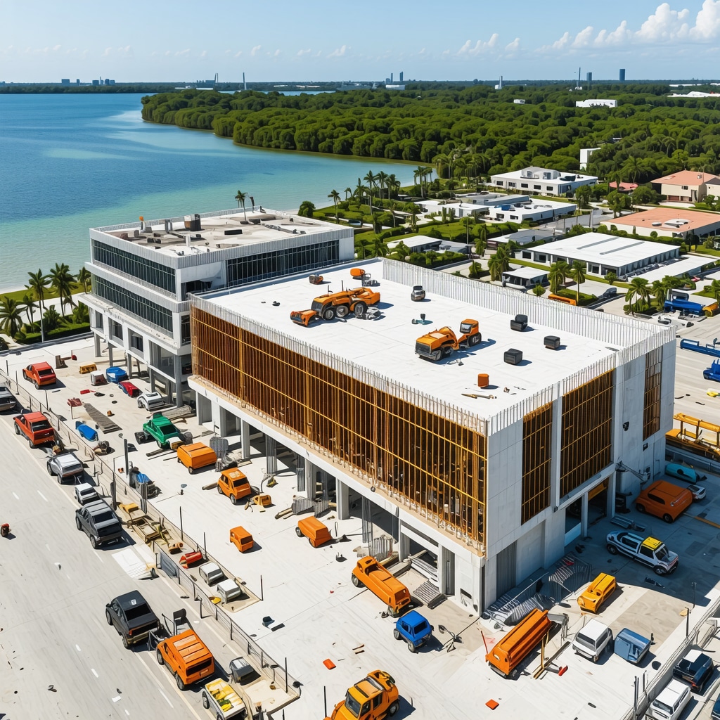 Tampa construction site with licensed contractors using drones, BIM, and sustainable materials