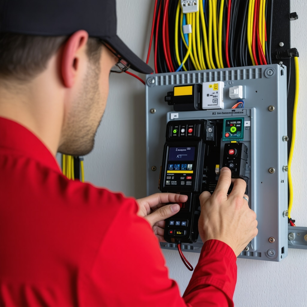 Licensed electrician using infrared thermography on modern electrical panel with renewable energy components in Tampa home