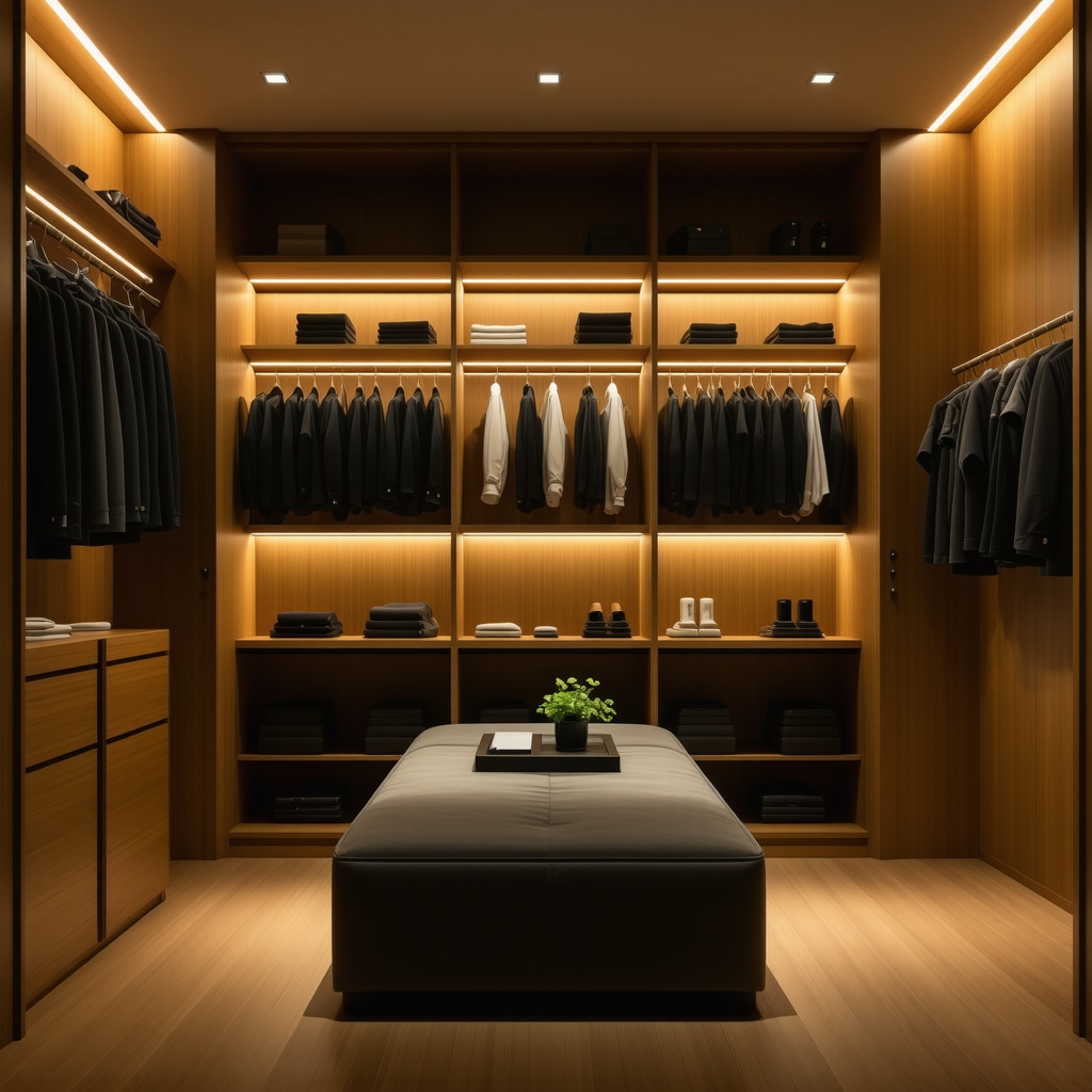 Luxury Tampa closet with bamboo cabinets, smart LED lighting, wireless charging, and air purifier