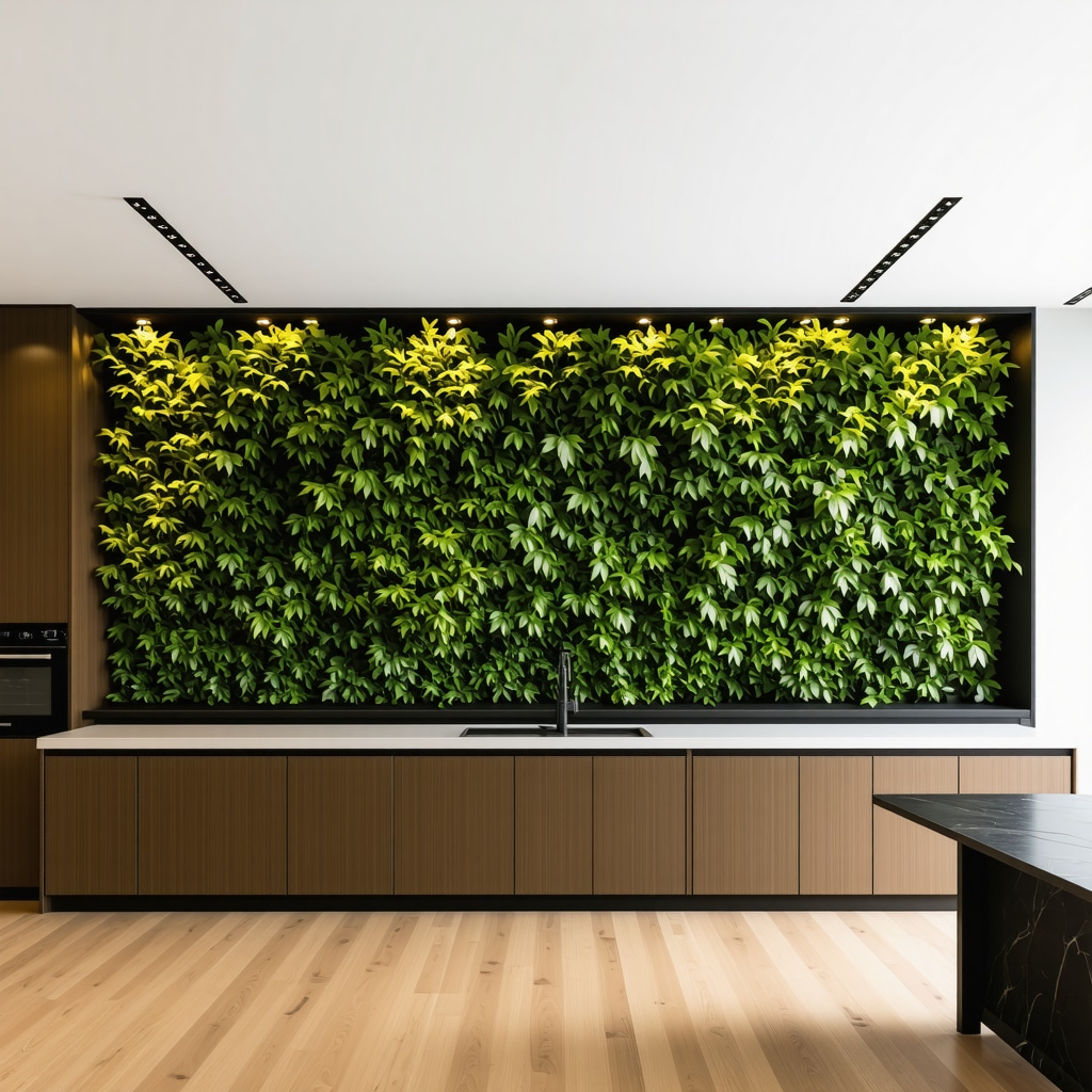 Custom kitchen interior featuring acoustic treatments, green wall, and advanced layered lighting in New Tampa home