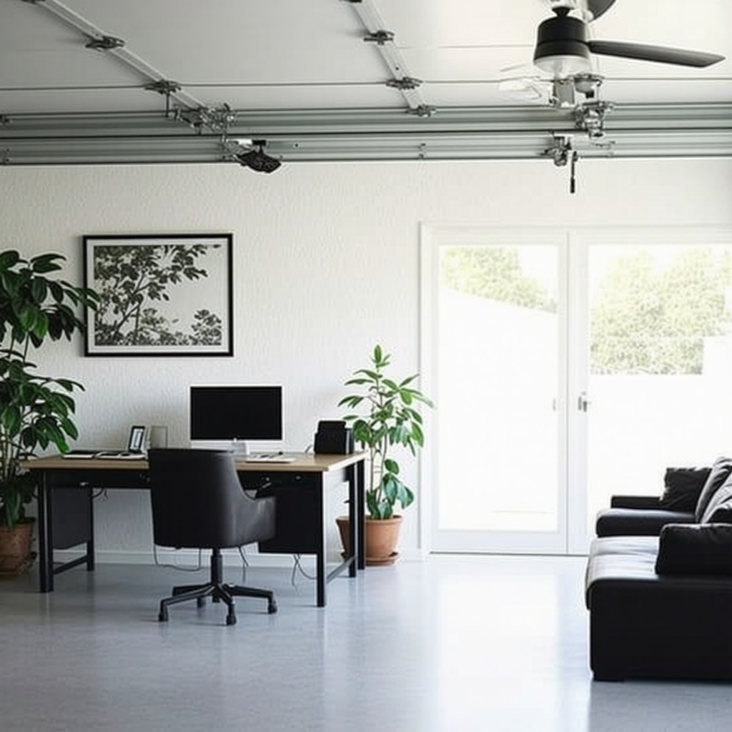 Interior of a converted garage into a modern home office with insulation and moisture control features.