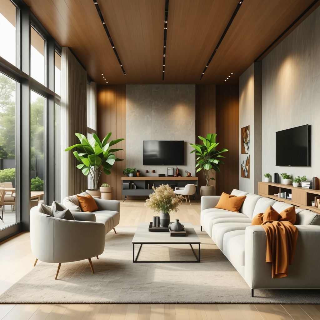 Senior-friendly living room with wide doorways, natural light, and smart home technology
