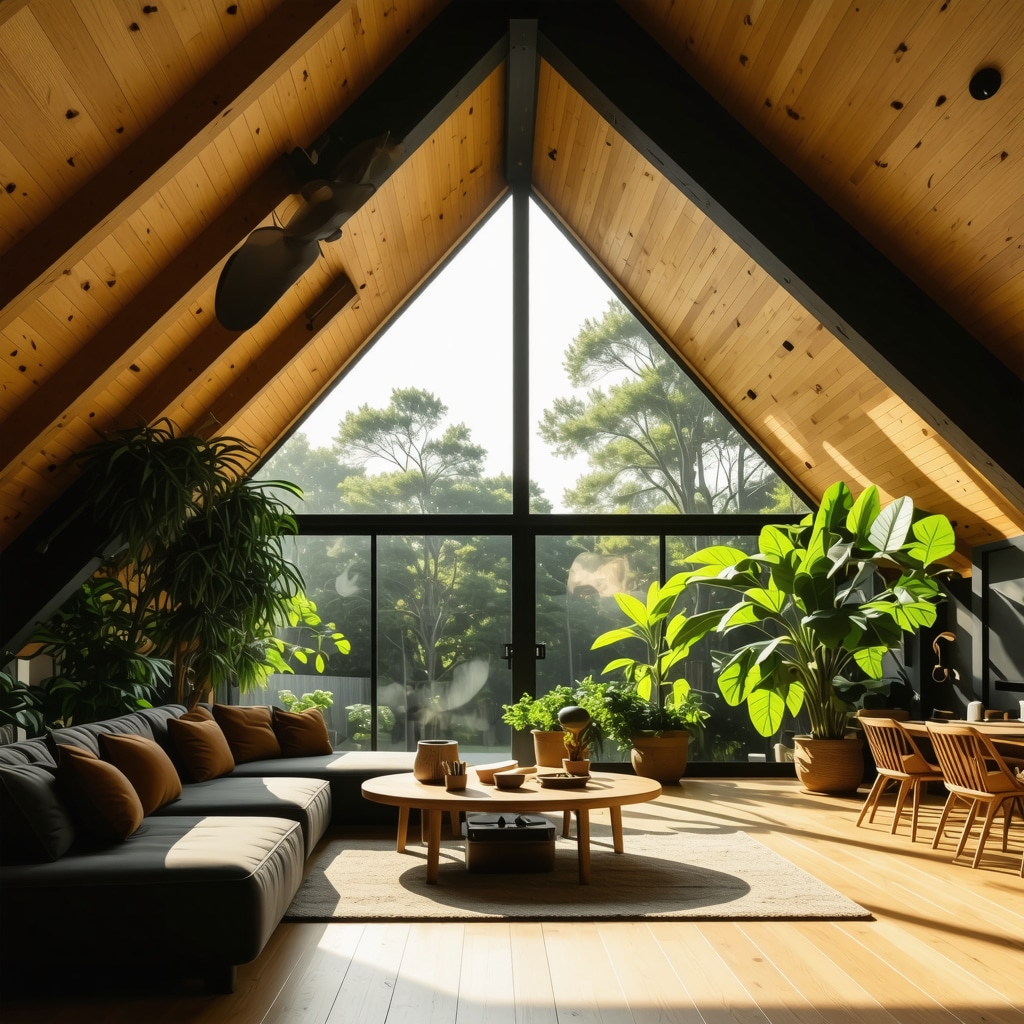 Bright remodeled Tampa attic with skylights, smart lighting, structural beams, and indoor plants