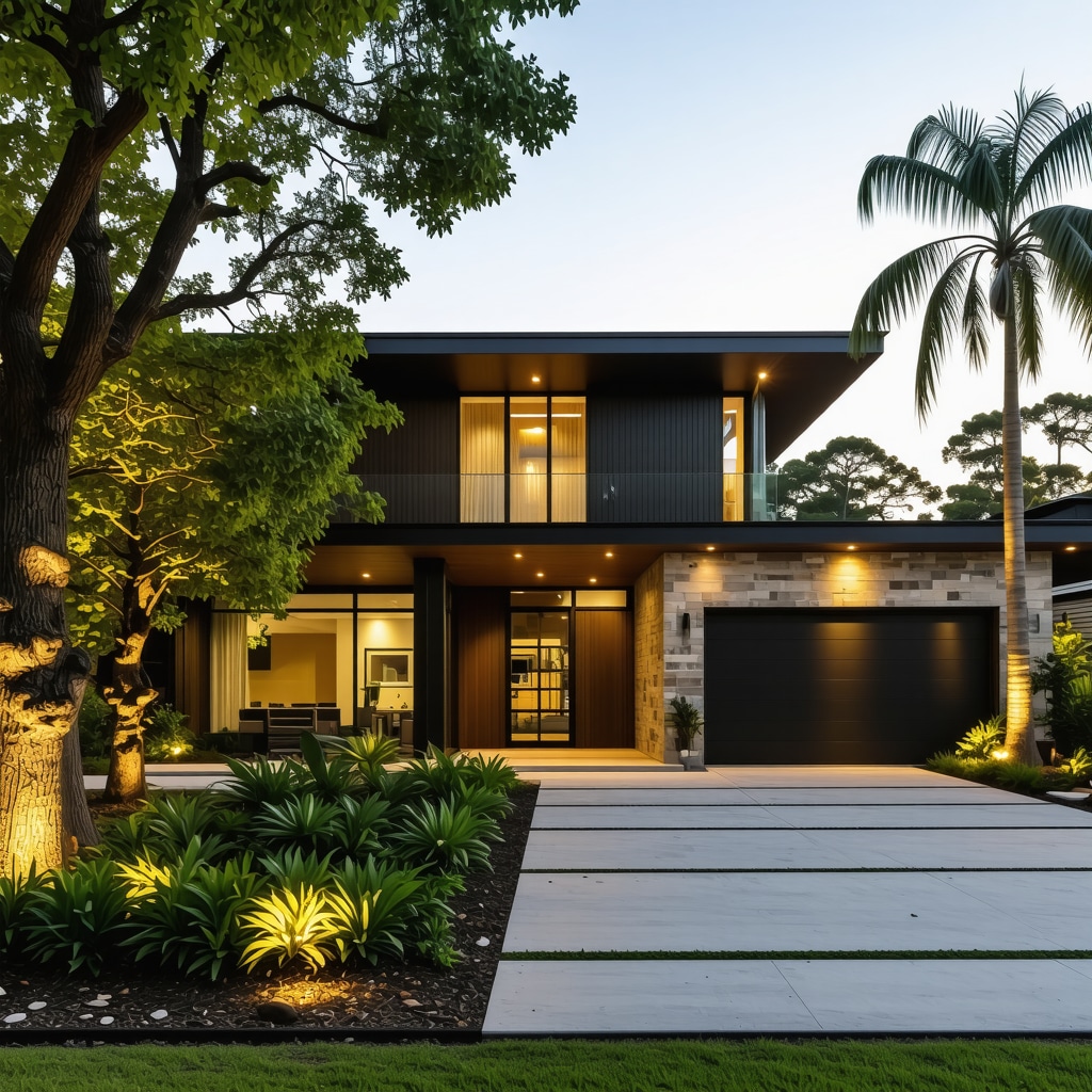 Exterior view of a Tampa Bay home featuring advanced nanotechnology coatings and integrated biophilic design elements under dynamic smart lighting
