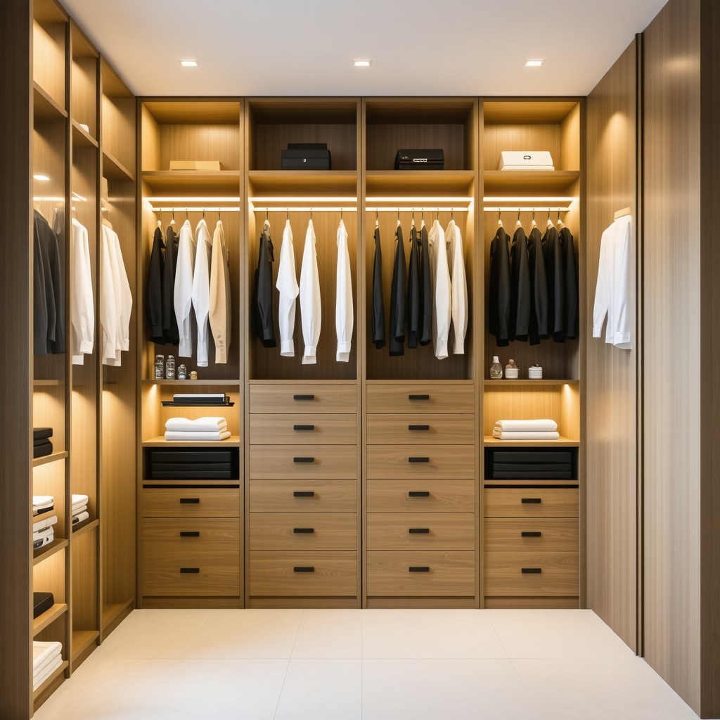 Contemporary closet with smart controls, bamboo finishes, and ergonomic features in a Tampa home