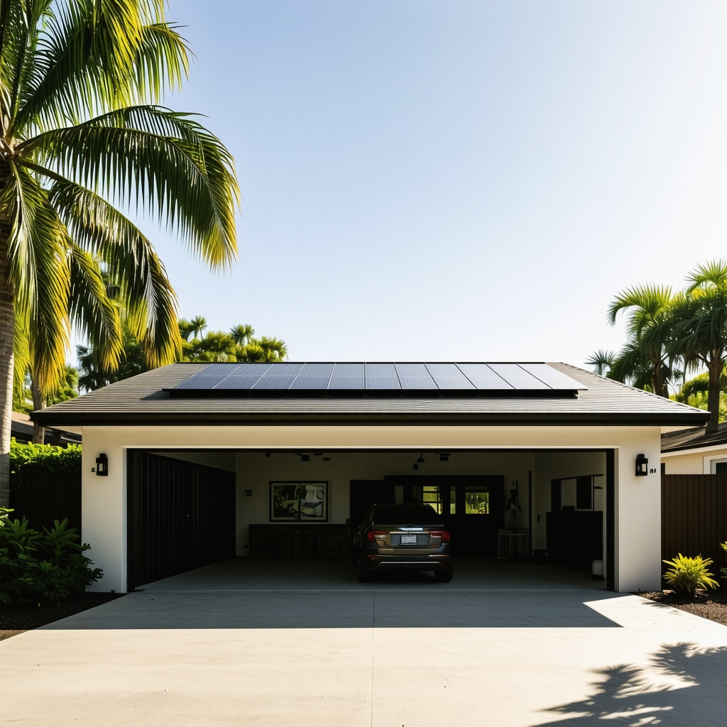 Energy-efficient garage conversion in Tampa with solar panels and hurricane-resistant windows