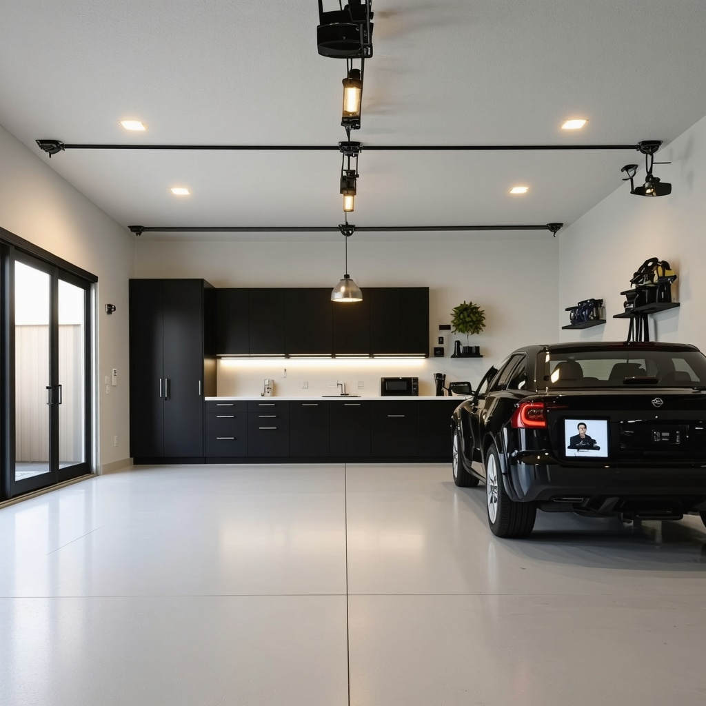 Interior of a remodeled garage in Tampa featuring LED lighting, modular storage, moisture-resistant flooring, and a smart home control panel on a tablet
