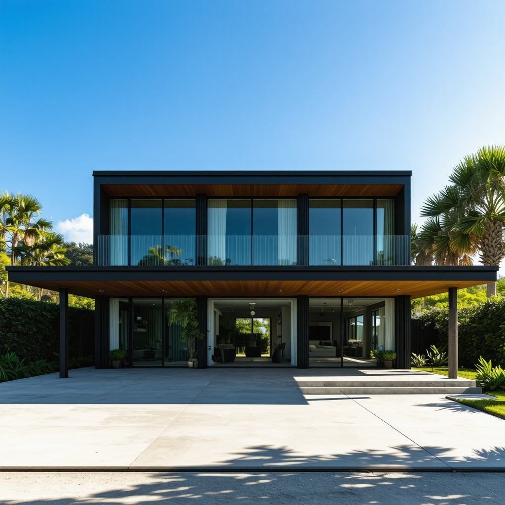 Modern Tampa home with energy-efficient windows including smart glass and historic-style retrofit windows under sunny sky