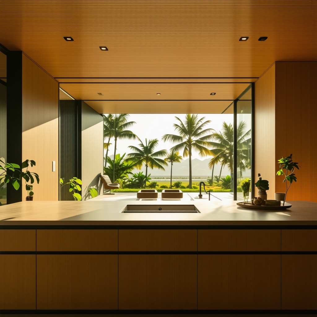 Custom wood cabinetry with built-in smart home features and eco-friendly materials in a Tampa home interior