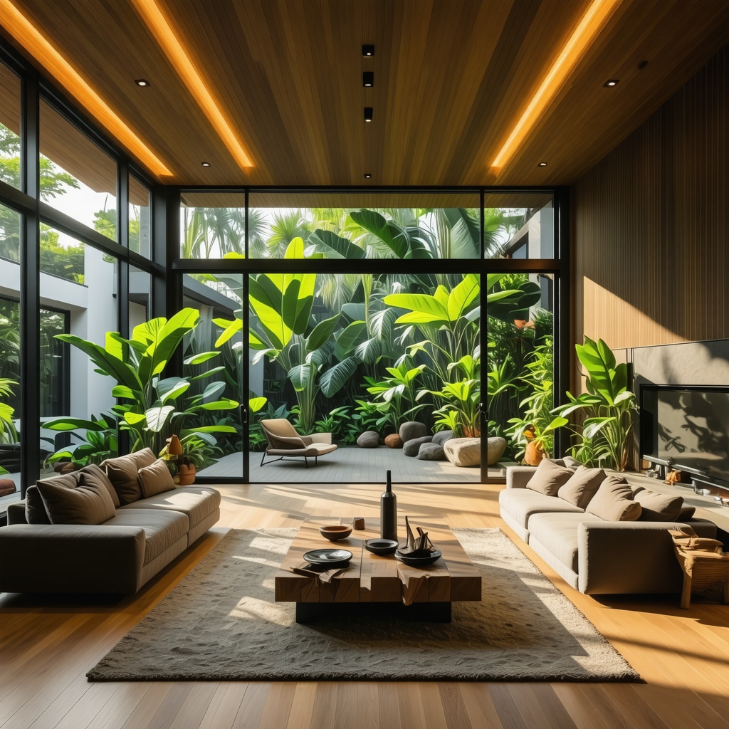 Interior of Tampa home featuring layered LED lighting, reclaimed wood accents, smart home technology, and subtropical garden view