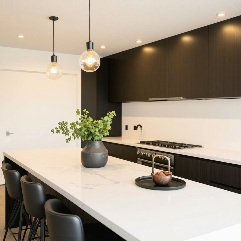 Interior view of a modern kitchen remodel in a Tampa home featuring warm lighting and open layout