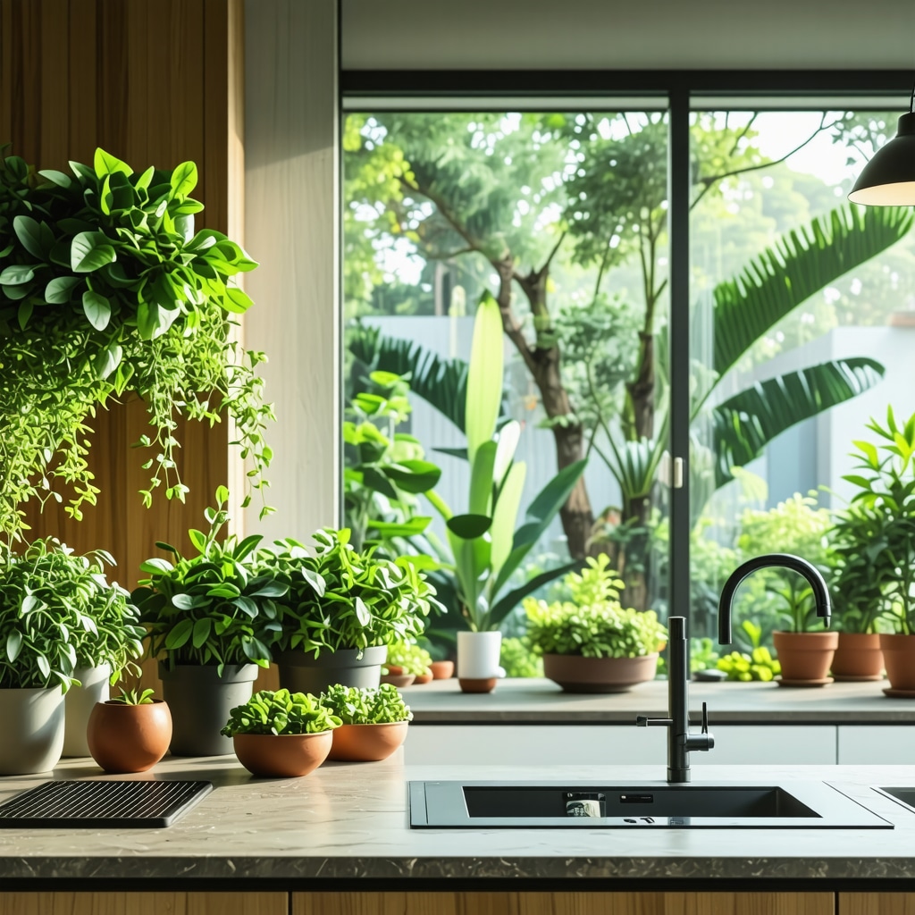 Bright kitchen in Tampa with living plant wall, natural wood cabinets, large windows, and smart home technology