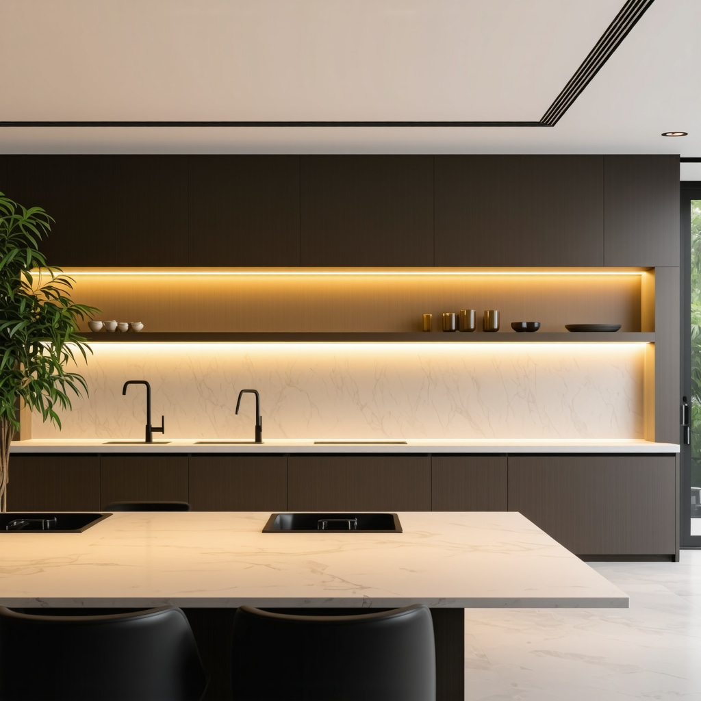 Modern kitchen in Tampa featuring custom smart cabinetry with integrated lighting and sustainable materials