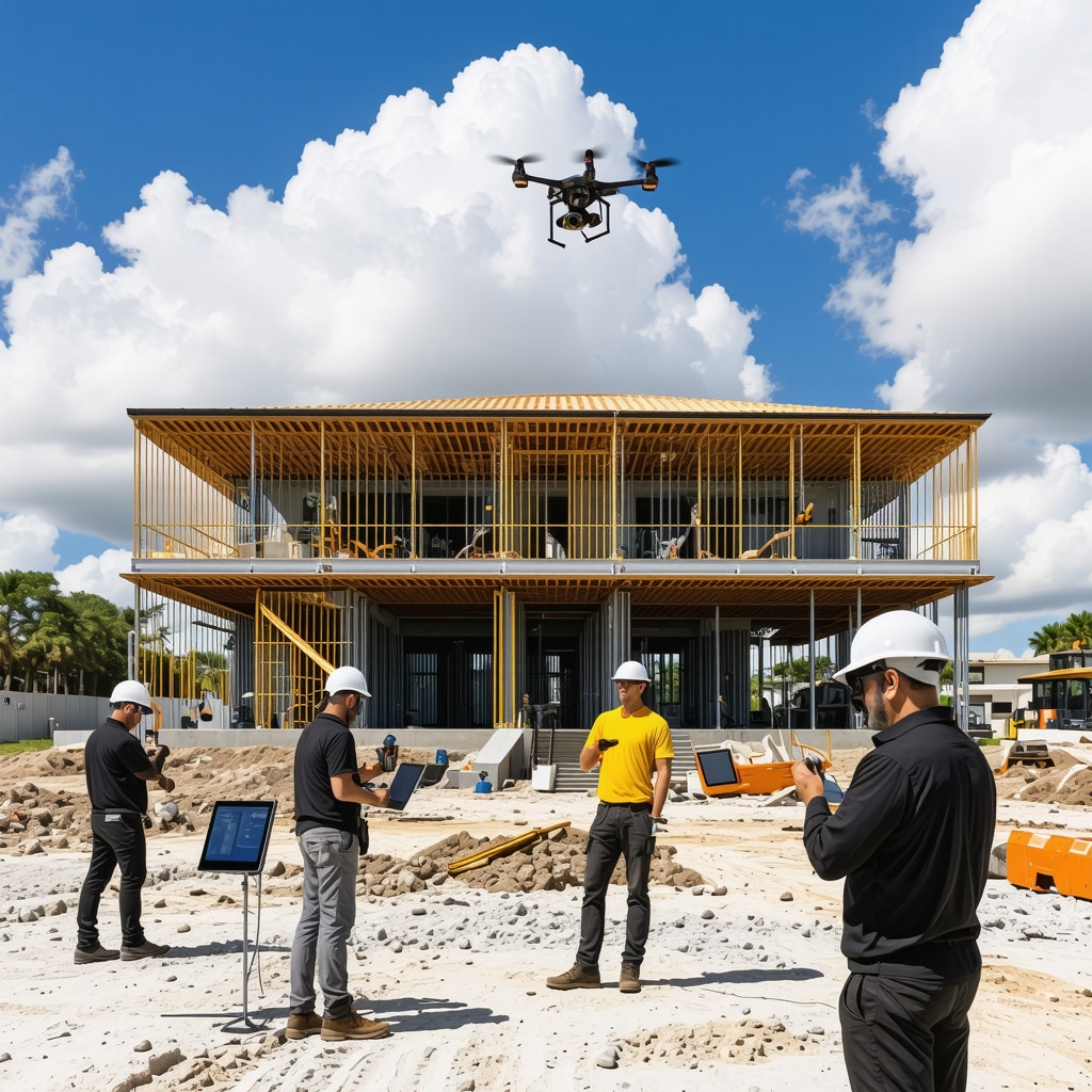 Construction site with IoT sensors, drones, and augmented reality overlays in Palm Harbor
