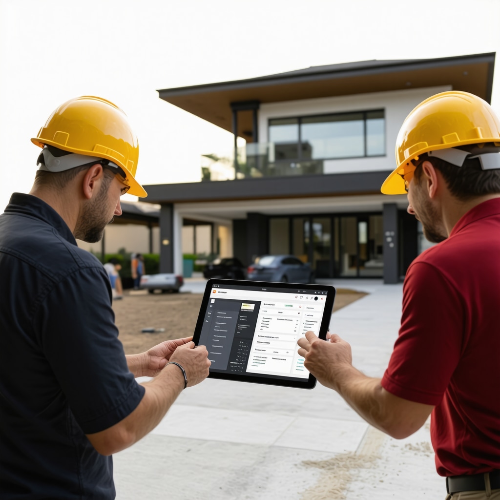 Contractors using tablets on Palm Harbor home renovation site with digital project management tools