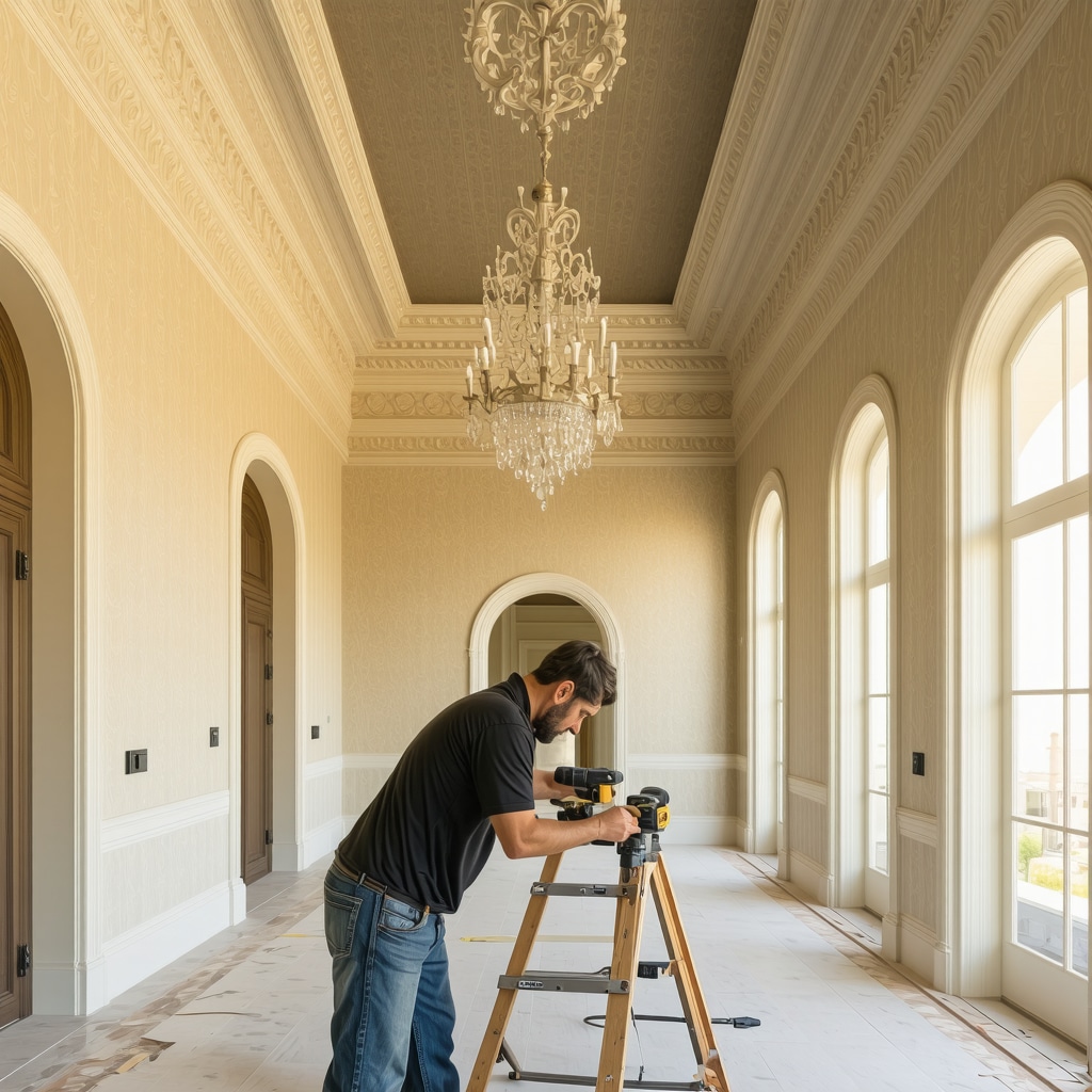 Tampa contractor using laser measurement tools and CNC router-made crown molding in Mediterranean Revival home