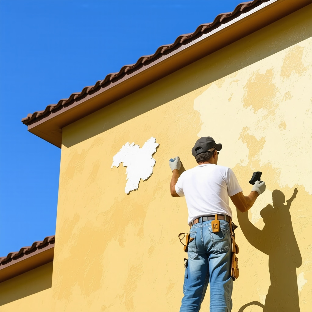 Painter applying textured exterior paint with varied gloss on Florida home under summer sun