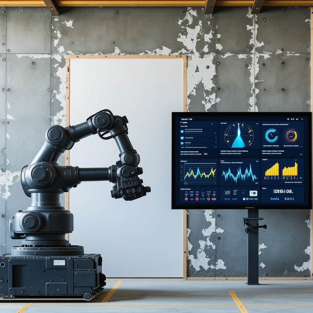 Robotic arm applying drywall tape with environmental data screens in a Tampa renovation site