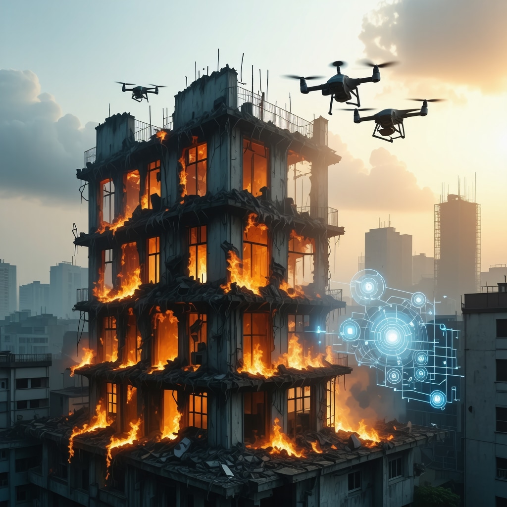 Robotic drones equipped with thermal imaging inspecting fire-damaged building with digital data overlays