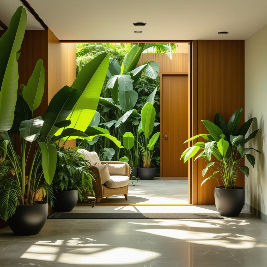 Interior of a senior-friendly Tampa home featuring antimicrobial copper surfaces, self-healing flooring, natural light, indoor plants, and smart home controls