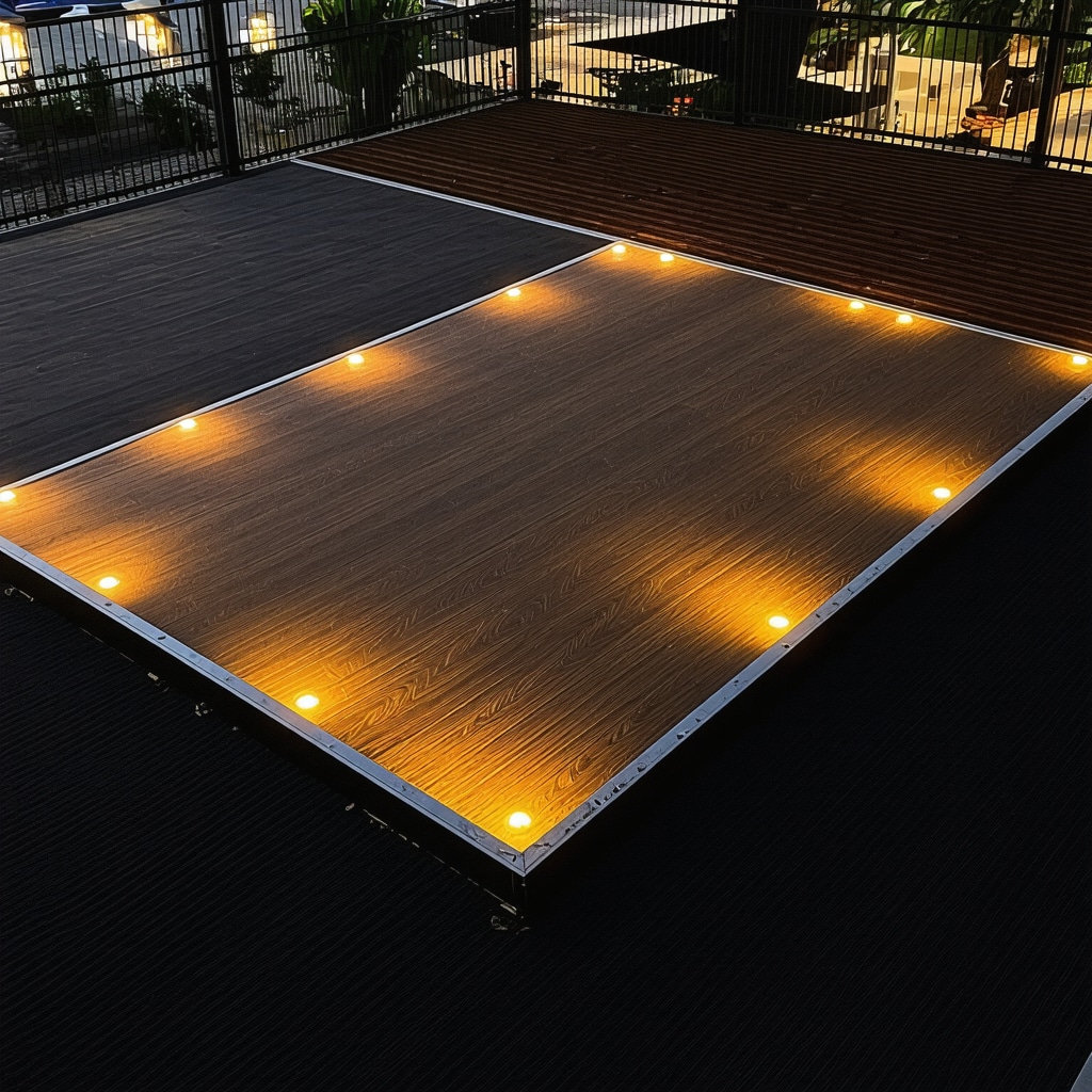 Smart deck under construction in Tampa featuring fiber-reinforced polymers, thermally modified wood, and IoT-enabled lighting systems