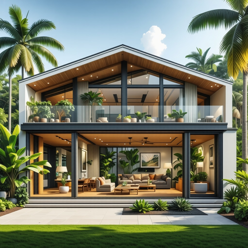 Cross-section of smart energy-efficient window with multi-layer glazing, thermal breaks, and automated tinting technology installed in a Tampa subtropical home.