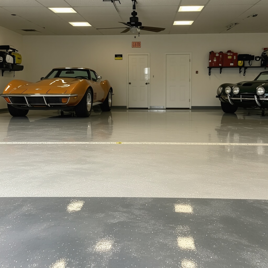 Close-up of advanced epoxy garage floor with embedded sensors and detailed surface texture in Tampa