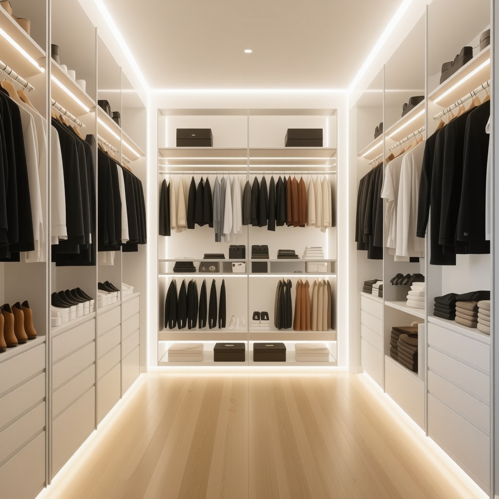 Modern Tampa closet with smart lighting, motorized racks, and moisture-resistant materials