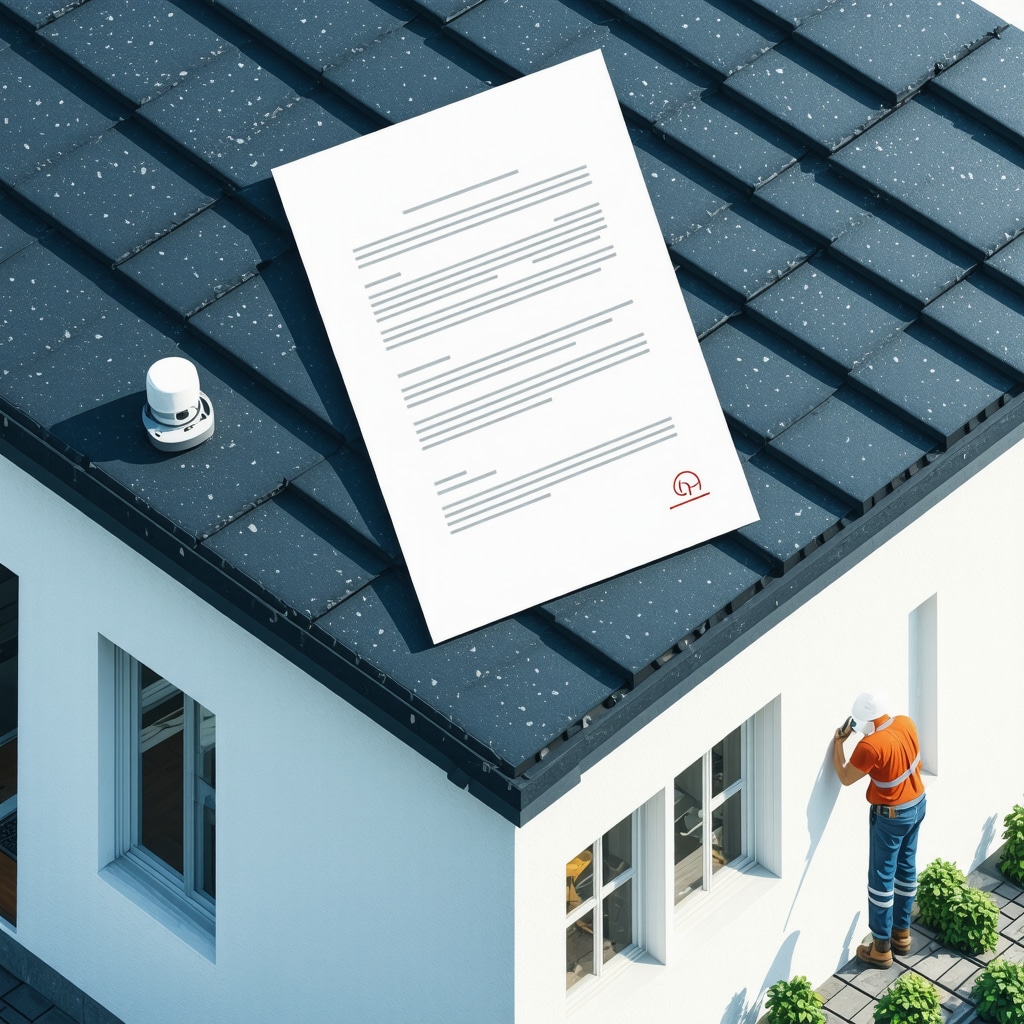 Visual representation of smart roofing sensors, legal documents, and contractor coordinating renovation
