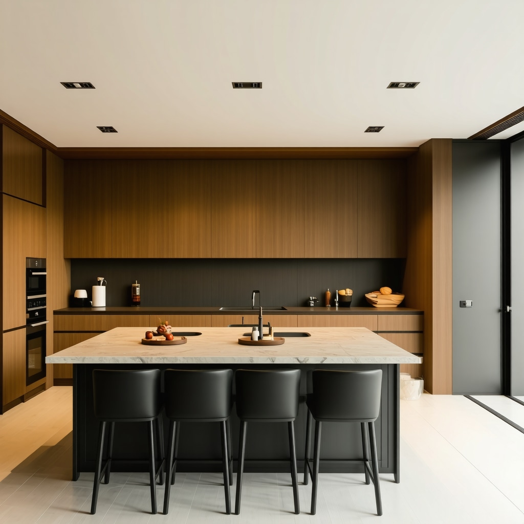 Modern Tampa kitchen featuring smart technology with handcrafted wooden cabinetry and adaptive lighting